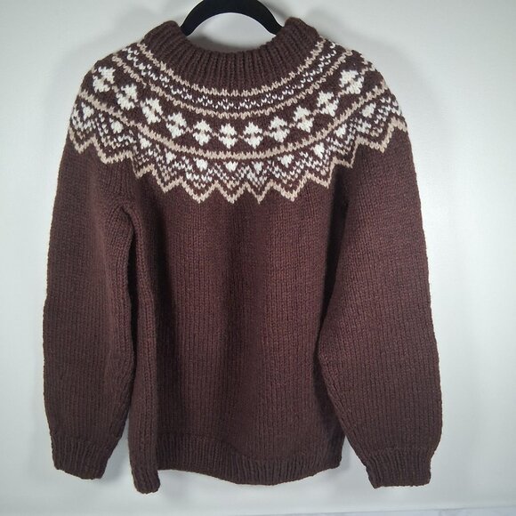 Wool Chunky Hand Knit Fair Isle Sweater Brown Tan Warm Cozy Cabincore Ski Chalet - Picture 5 of 11